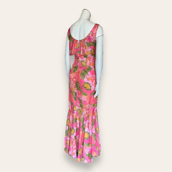 Vintage Hawaiian Pink Floral Mermaid Dress | Ruffle Scoop Neck - Picture 4 of 8